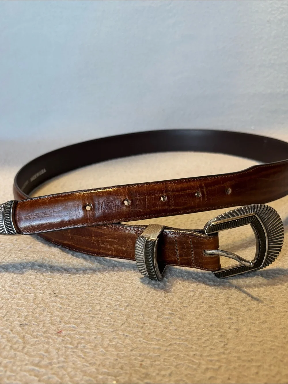 VTG 1993 Men's 36 Brown Genuine Full Grain Leather Belt Silver Buckle USA made